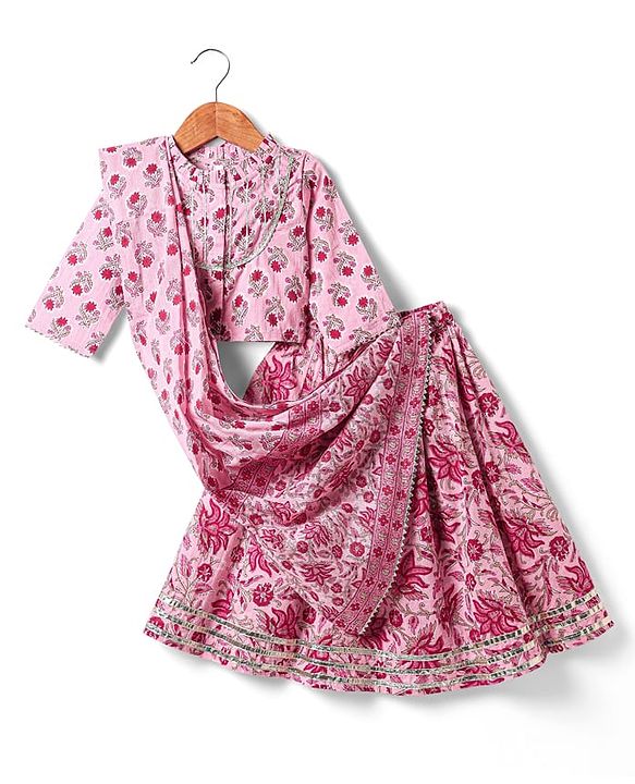 Babyhug Cotton Woven Three Fourth Sleeves Cambric Choli Lehenga Set And Dupatta with Floral Print - Pink