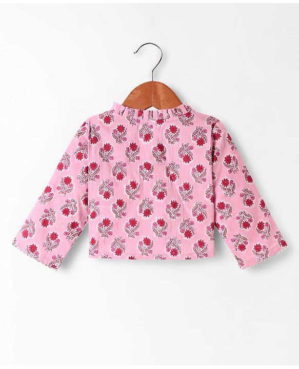Babyhug Cotton Woven Three Fourth Sleeves Cambric Choli Lehenga Set And Dupatta with Floral Print - Pink