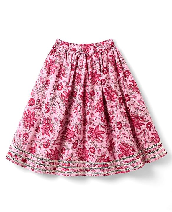 Babyhug Cotton Woven Three Fourth Sleeves Cambric Choli Lehenga Set And Dupatta with Floral Print - Pink