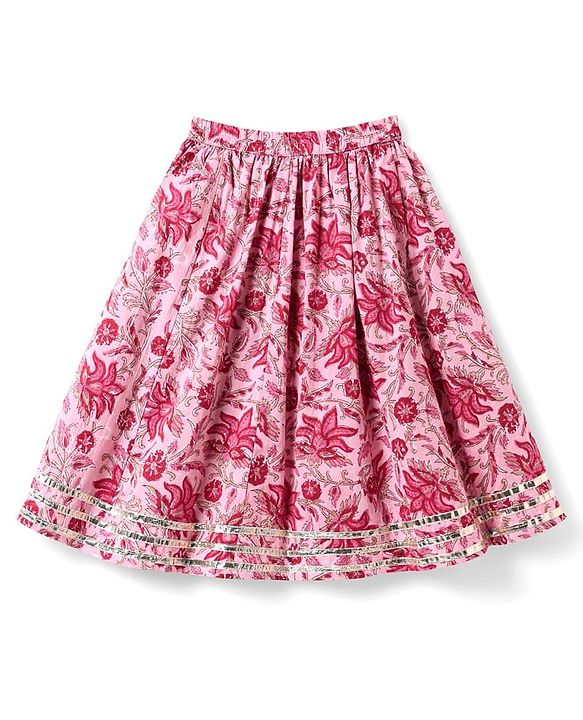 Babyhug Cotton Woven Three Fourth Sleeves Cambric Choli Lehenga Set And Dupatta with Floral Print - Pink