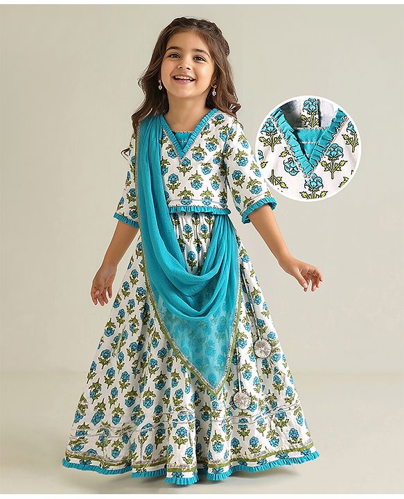Babyhug Cotton Cambric Woven Three Fourth Sleeves Floral Printed Choli Lehenga Set with Dupatta  - Offwhite