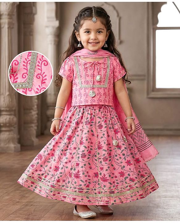 Babyhug Woven Half Sleeves Choli Lehenga Set And Dupatta With Floral Print & Lace Detailing - Pink