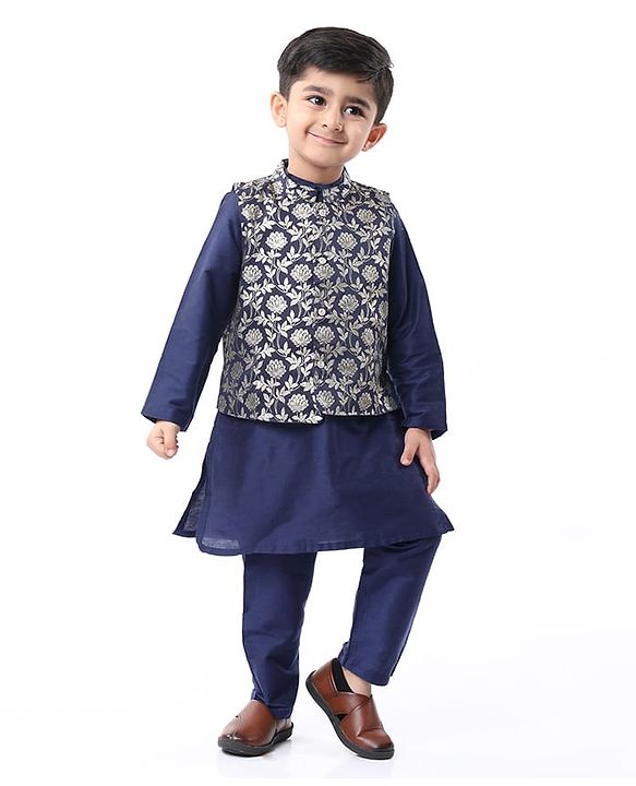 Babyhug Woven Full Sleeves Solid Colour Kurta Pyjama Set with Floral Printed Brocade Nehru Jacket - Navy Blue