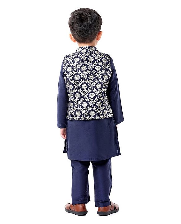 Babyhug Woven Full Sleeves Solid Colour Kurta Pyjama Set with Floral Printed Brocade Nehru Jacket - Navy Blue
