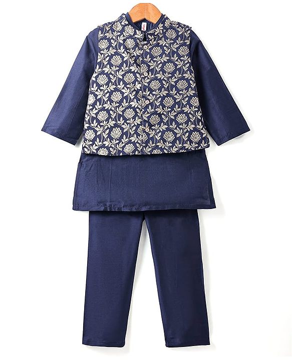Babyhug Woven Full Sleeves Solid Colour Kurta Pyjama Set with Floral Printed Brocade Nehru Jacket - Navy Blue