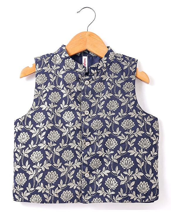 Babyhug Woven Full Sleeves Solid Colour Kurta Pyjama Set with Floral Printed Brocade Nehru Jacket - Navy Blue