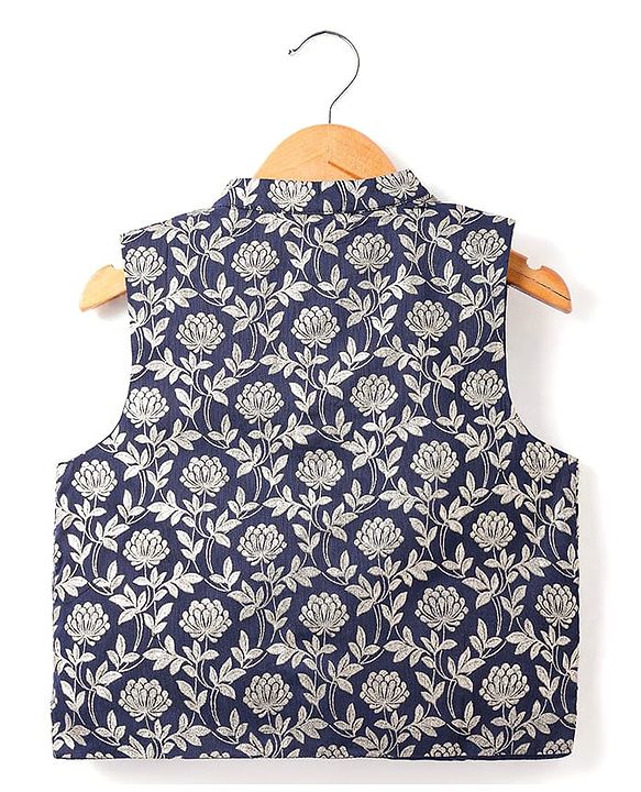 Babyhug Woven Full Sleeves Solid Colour Kurta Pyjama Set with Floral Printed Brocade Nehru Jacket - Navy Blue
