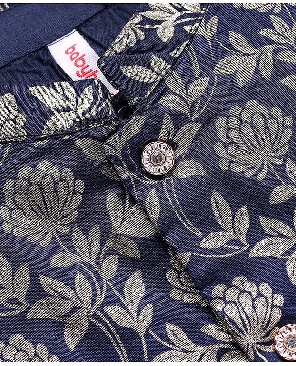 Babyhug Woven Full Sleeves Solid Colour Kurta Pyjama Set with Floral Printed Brocade Nehru Jacket - Navy Blue