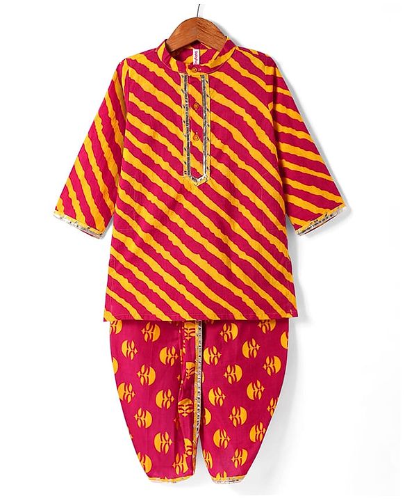 Babyhug Cotton Woven Full Sleeves Cambric Dhoti Kurta Set Leheriya Print - Orange & Yellow