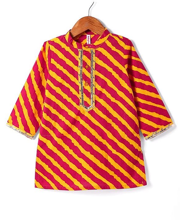 Babyhug Cotton Woven Full Sleeves Cambric Dhoti Kurta Set Leheriya Print - Orange & Yellow