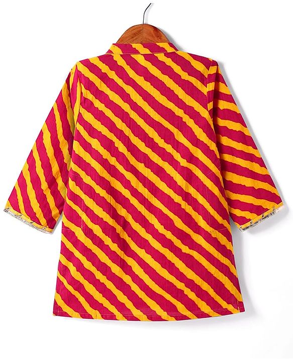 Babyhug Cotton Woven Full Sleeves Cambric Dhoti Kurta Set Leheriya Print - Orange & Yellow