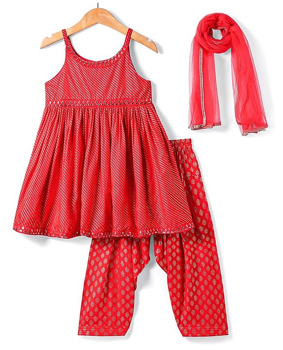 Babyhug Woven Singlet Sleeves Foil Printed Kurta Patiala & Dupatta Set - Red