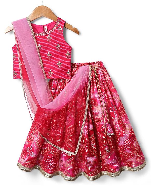 Babyhug Woven Sleeveless Choli Lehenga & Dupatta Set With Floral Embriodery & Lace Detailing - Pink