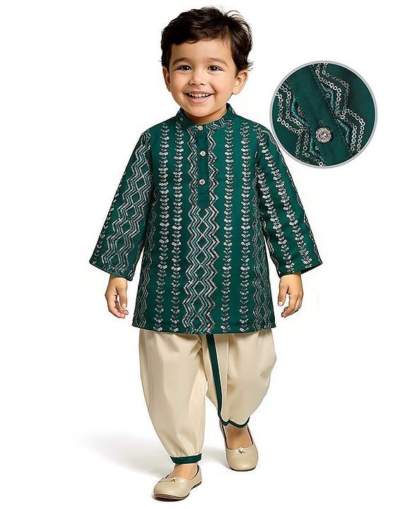 Babyhug Woven Mandarin Collar Full Sleeves Kurta Dhoti Set with Sequin Embroidery - Green