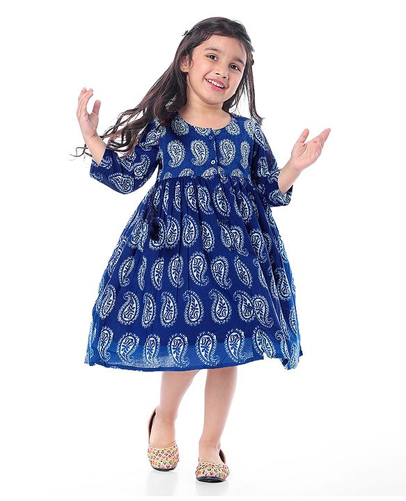 Babyhug Cotton Woven Three Fourth Sleeves Front Open Ethnic Dress with Motif Print - Navy Blue