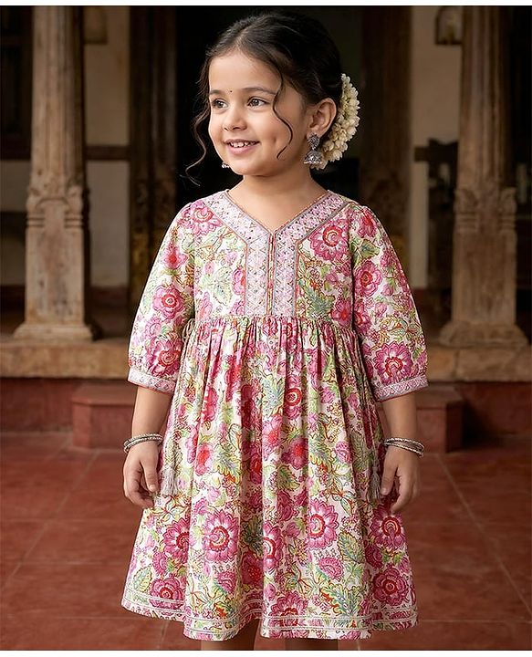 Babyhug Cotton Woven Three Fourth Sleeves Ethnic Dress With Floral Print - Pink