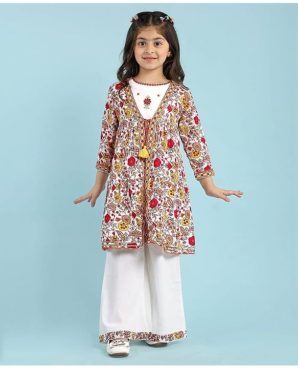 Babyhug Cambric Woven Three Fourth Sleeves Embroidered Top Palazo Set With Floral Embroidery & Printed Jacket - White
