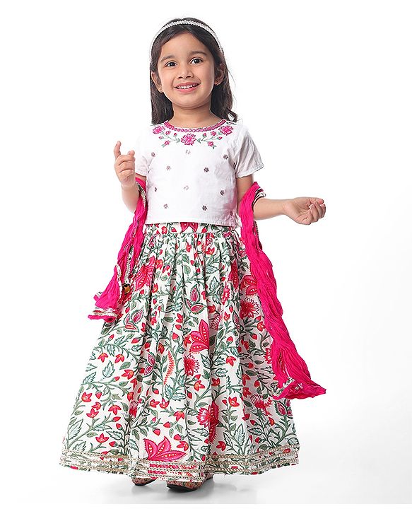 Babyhug Cotton Woven Half Sleeves  Cambric Floral Embroidered Choli Lehenga & Dupatta Set with Lace & Sequin Detailing - White