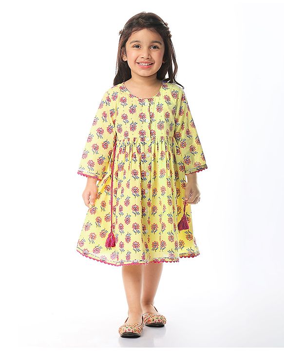 Babyhug Cotton Woven Three Fourth Sleeves Floral Printed Front Open Ethnic Dress - Light Yellow