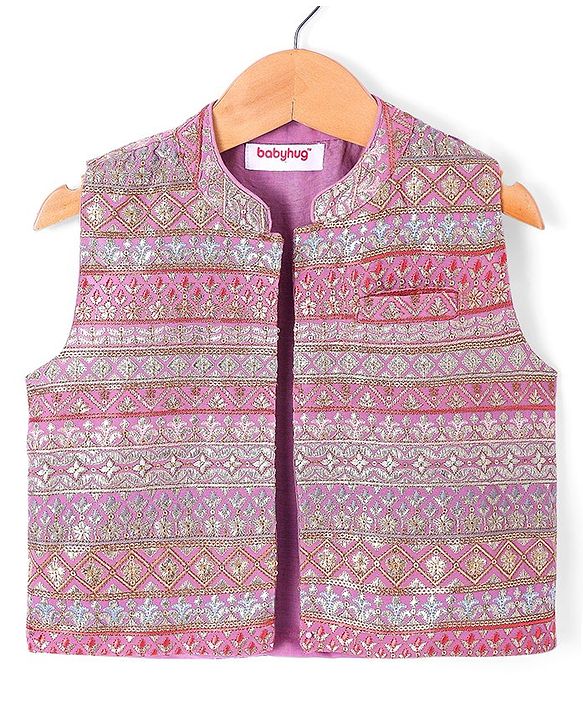 Babyhug Woven Full Sleeves Solid Colour Kurta Pyjama Set with Floral Embroidered Nehru Jacket - Beige