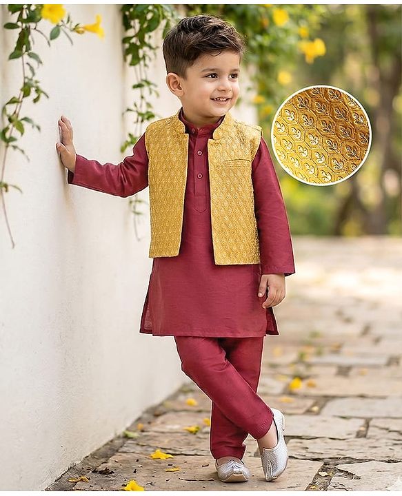 Babyhug Woven Full Sleeves Solid Kurta Pajama & Floral Embroidered Jacket Set - Maroon