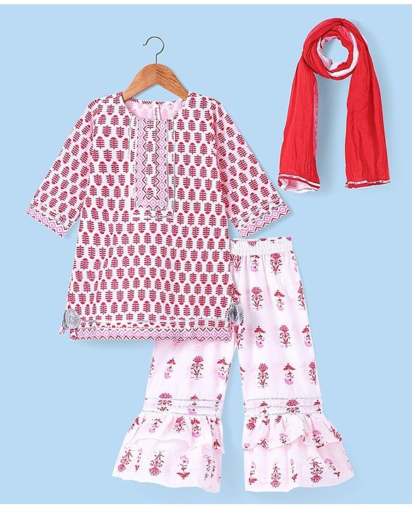 Babyhug Cambric Woven Three Fourth Sleeves Floral Printed  Kurta & Palazzo Set with Dupatta - White & Pink