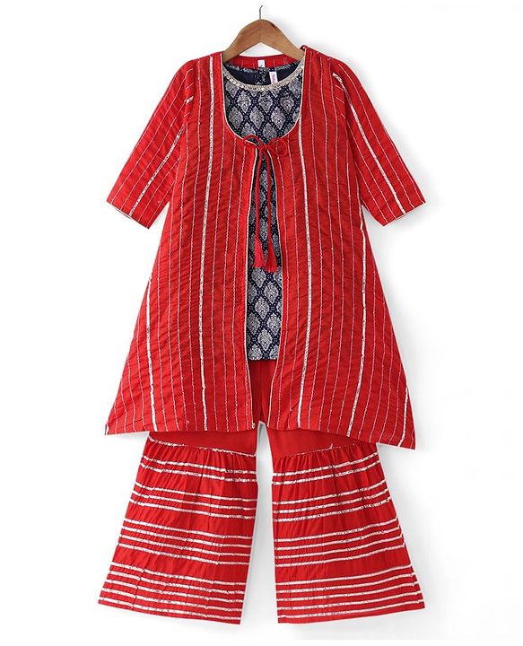 Babyhug Woven Foil Printed Kurti With Lurex Pintucked Gharara and Three Fourth Sleeves Jacket Set - Red & Navy