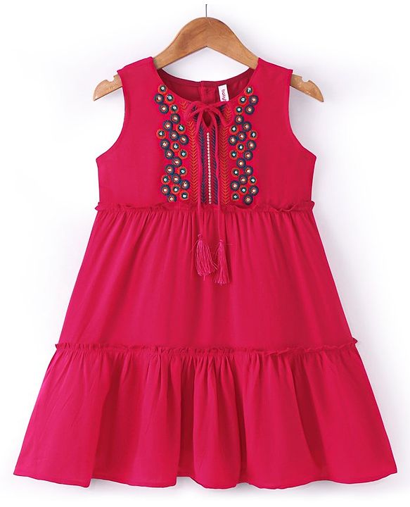 Babyhug Woven Sleeveless Rayon Embroidered Tiered Ethnic Dress - Hot Pink
