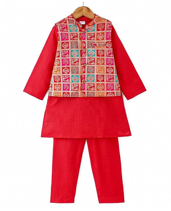 Babyhug Cotton Woven Full Sleeves Solid Kurta Pyjama Set with Sequin Embroidered Jacket - Red