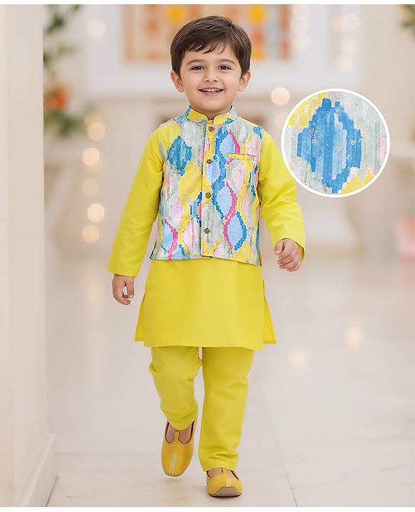 Babyhug Cotton Woven Full Sleeves Solid Kurta Pyjama Set with Printed Jacket - Yellow
