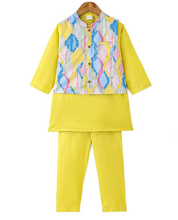 Babyhug Cotton Woven Full Sleeves Solid Kurta Pyjama Set with Printed Jacket - Yellow