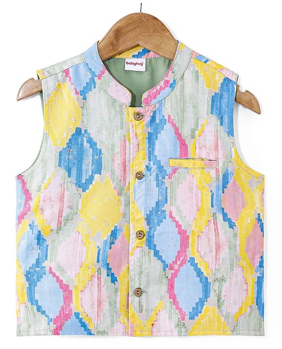 Babyhug Cotton Woven Full Sleeves Solid Kurta Pyjama Set with Printed Jacket - Yellow