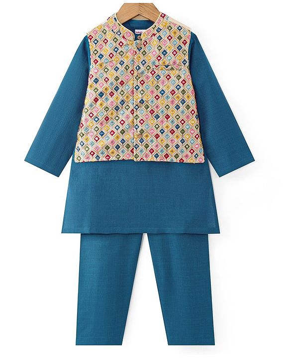 Babyhug Woven Full Sleeves Solid Kurta Pyjama Set With Sequins Embroidered Jacket - Teal Blue