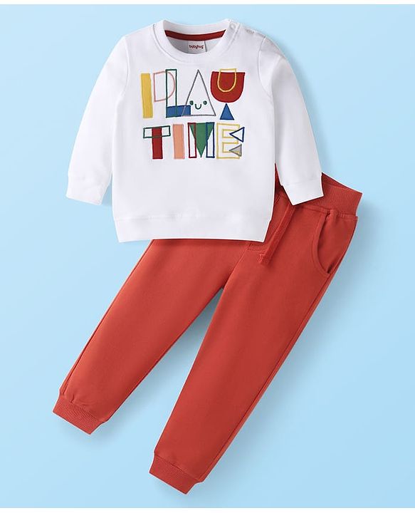 Babyhug Terry Knit Full Sleeves Text Embroidered T-Shirt & Joggers Set - Red & White