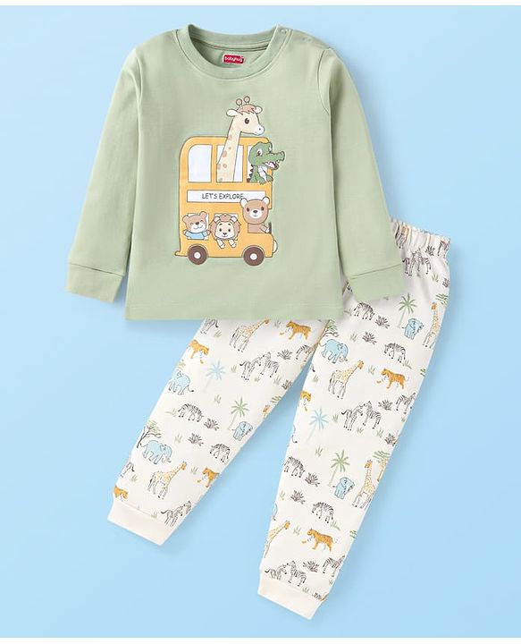 Babyhug Terry Knit Full Sleeves T-Shirt & Lounge Pant Set with Animal Print - Green & White