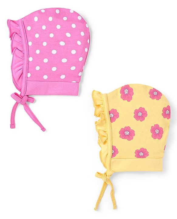 Babyhug 100% Cotton Caps With Floral & Polka Dots Print Pack Of 2 - Mustard & Pink