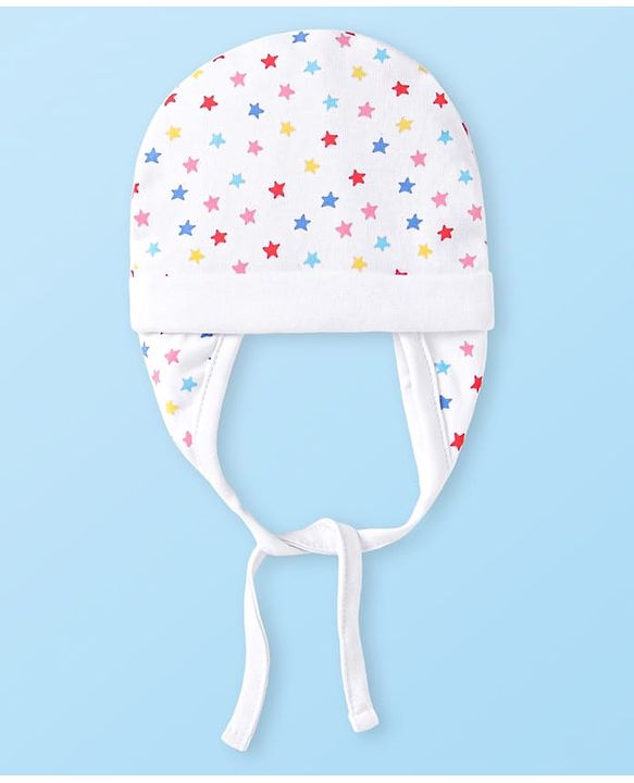 Babyhug 100% Cotton Knit Polka Dots Print Cap With Knot White - Diameter 9 cm