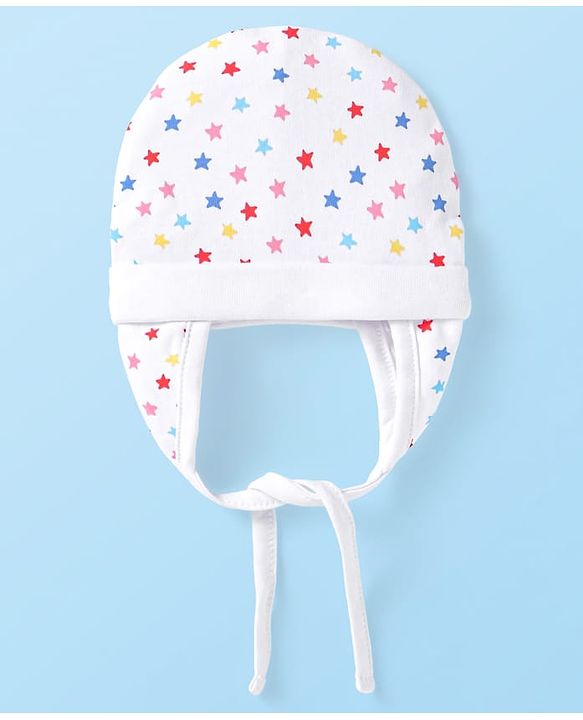 Babyhug 100% Cotton Knit Polka Dots Print Cap With Knot White - Diameter 9 cm