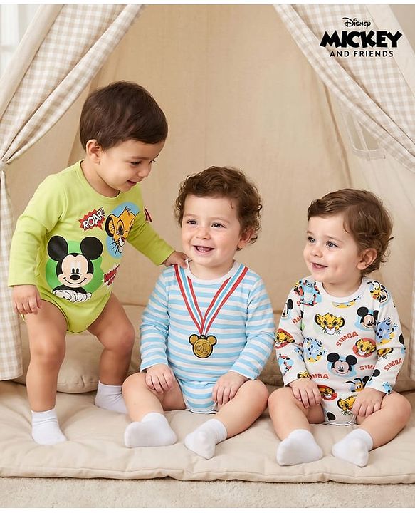 Babyhug Disney Interlock Knit Full Sleeves Onesies With Mickey Mouse Graphics Pack of 3 - Blue Green & White