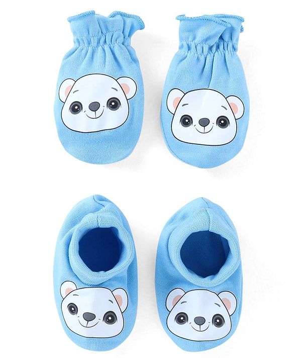 Babyhug 100% Cotton Knit Mittens & Booties Bear Print - Blue