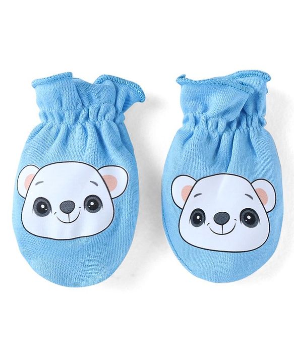 Babyhug 100% Cotton Knit Mittens & Booties Bear Print - Blue