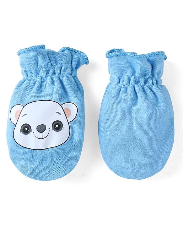 Babyhug 100% Cotton Knit Mittens & Booties Bear Print - Blue