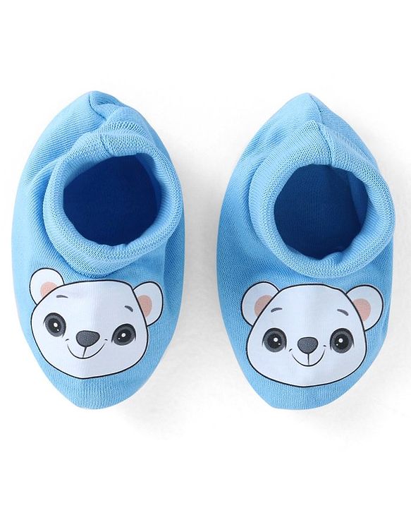 Babyhug 100% Cotton Knit Mittens & Booties Bear Print - Blue