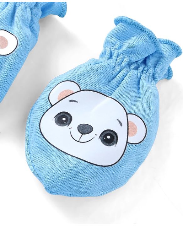 Babyhug 100% Cotton Knit Mittens & Booties Bear Print - Blue
