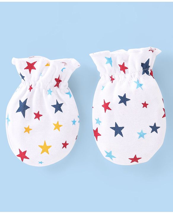 Babyhug 100% Cotton Knit Star Print Mittens and Booties - White