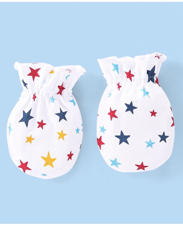 Babyhug 100% Cotton Knit Star Print Mittens and Booties - White
