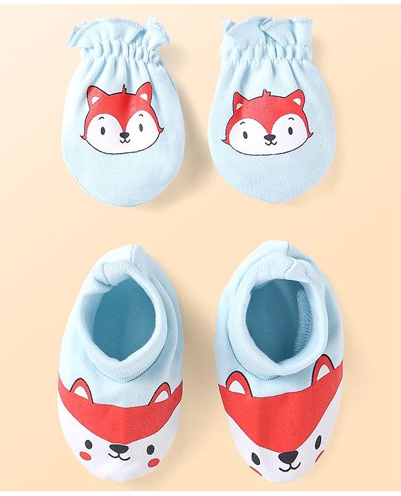 Babyhug Interlock Knit Mittens & Booties With Fox Print - Light Blue