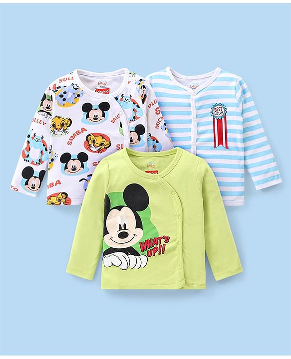Babyhug Disney Interlock Knit Full Sleeves Jhablas With Mickey Mouse Graphics & Badge Applique Pack of 3 - Blue White & Green