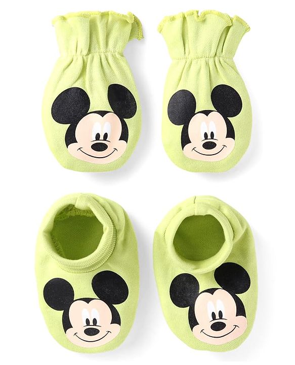 Babyhug Disney Interlock Knit Mittens and Booties  With Mickey Mouse Graphics Pack of 2 - Green