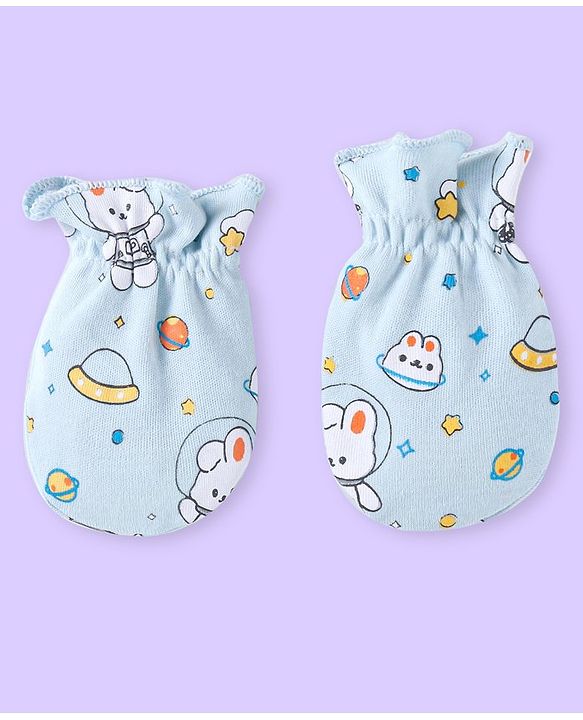 Babyhug 100% Cotton Knit Space Theme Printed Mittens & Booties - Light Blue